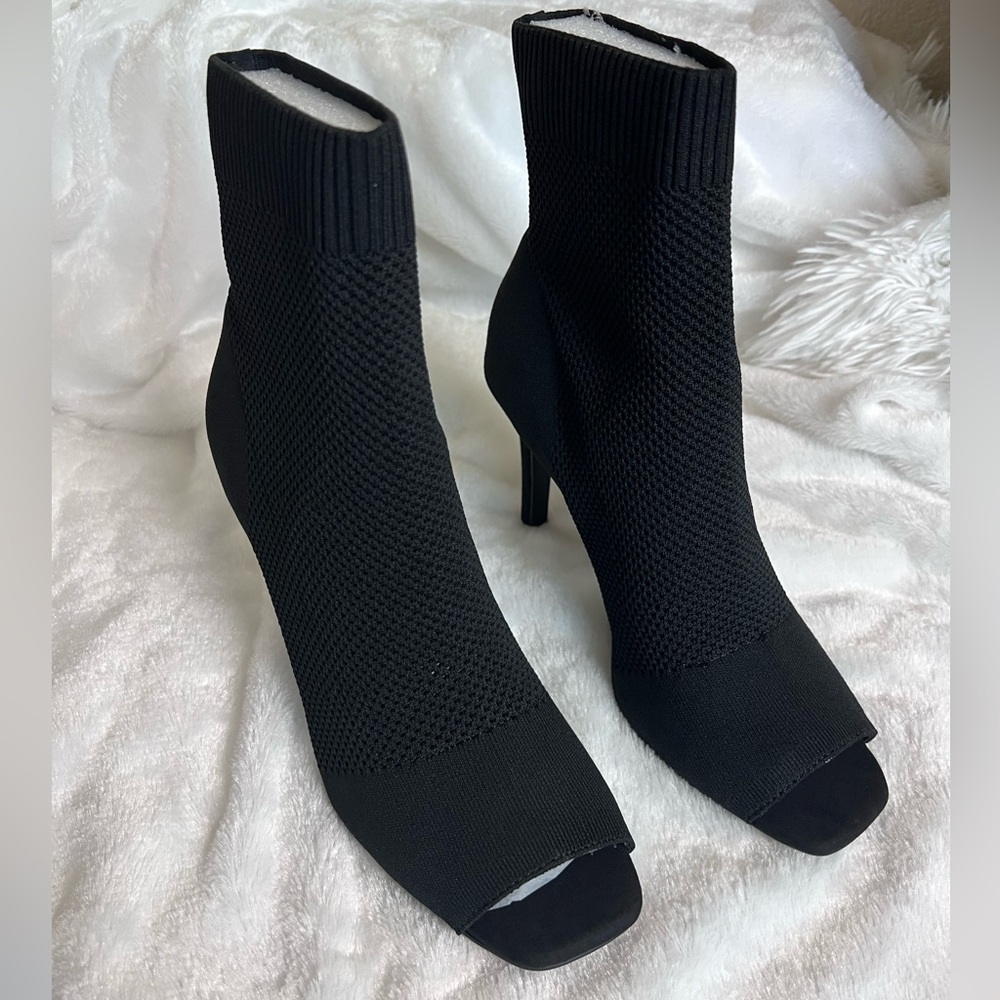Black sock knit open toe boots, size 7.5